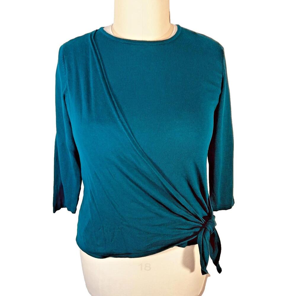 J. Jill - Sweater Women's M Boat Neck Teal Green Wrap Front Tie Waist 3/4 Sleeve